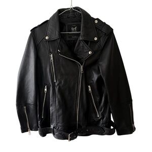 Zara TRF Collection Black 100% Leather Biker Jacket Women Size S/M Moto Jacket